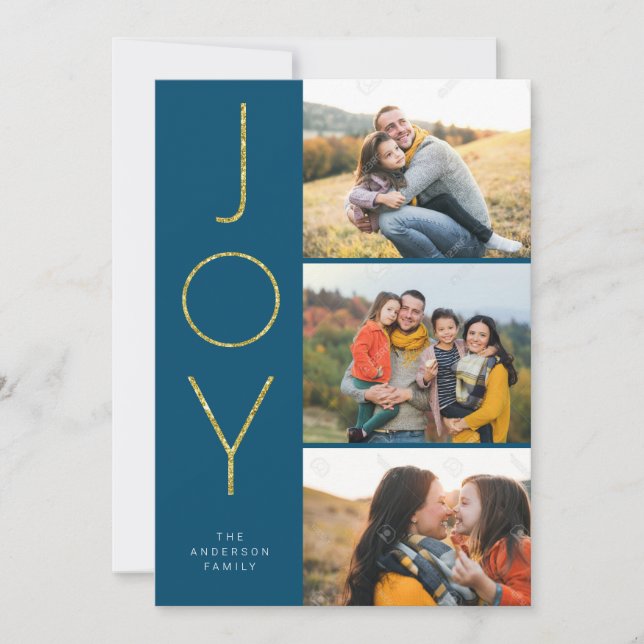 Tarjeta Festiva Purpurina JOY 3 Pix apilada (Anverso)