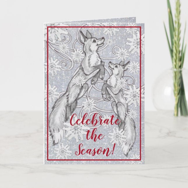 Tarjeta Festiva Purpurina Plata de Snowflake Fox Navidades Arte El (Anverso)