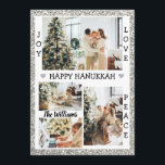Tarjeta Festiva Purpurina plateado Alegría Amo Paz feliz Hanukkah<br><div class="desc">Esta tarjeta tiene un moderno marco purpurina plateado con 4 (4)fotos familiares personalizadas favoritas de vacaciones! Con alegría, amor y paz palabras que son personalizable. Puede cambiar el nombre de la familia haciendo clic en la opción personalizarlo. ¡¡Envíen esta tarjeta a todos sus seres queridos para desearles un feliz Hanukkah!!...</div>