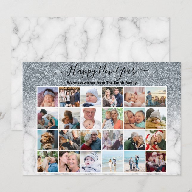 Tarjeta Festiva Purpurina plateado moderno Marble Elegante Script  (Anverso / Reverso)