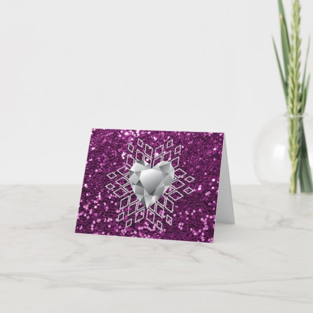 Tarjeta Festiva Purpurina Purple Faux Diamond Heart Snowflake (Anverso)