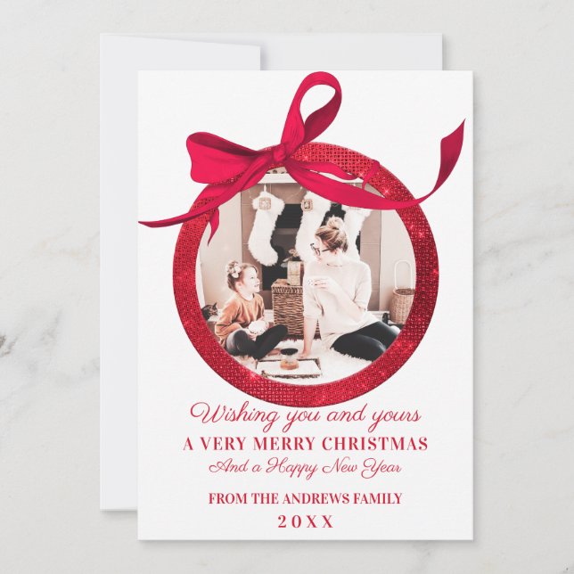 Tarjeta Festiva Purpurina rojo blanco: Bow Ornament Photo Navidade (Anverso)