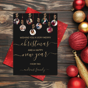 Tarjeta Festiva Purpurina rojo dorado colgando ornamentos Navidade