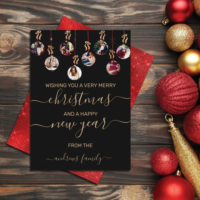 Tarjeta Festiva Purpurina rojo dorado colgando ornamentos Navidade (Subido por el creador)
