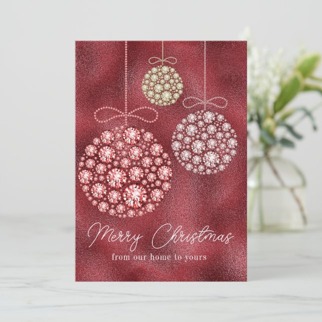 Tarjeta Festiva Purpurina Rojo Foto Ornamento navideño elegante (Anverso de pie)