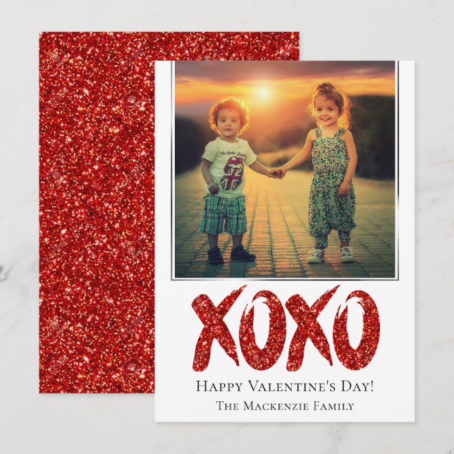 Tarjeta Festiva Purpurina rojo XOXO | Día de los Valetines Fotográ (Anverso / Reverso)