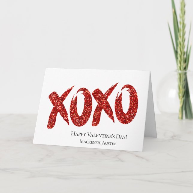 Tarjeta Festiva Purpurina rojo XOXO | Día de San Valentín de Glam  (Anverso)