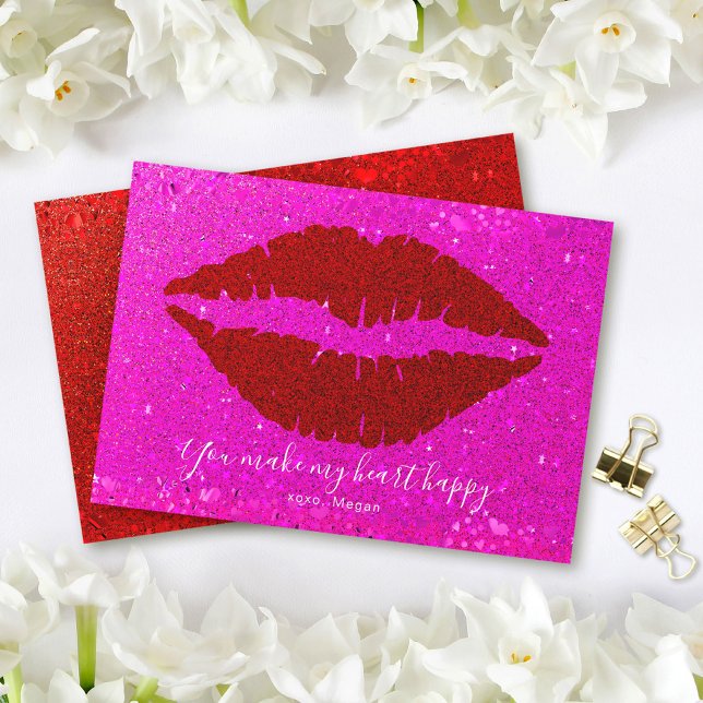 Tarjeta Festiva Purpurina rosa de los labios rojos de San Valentín (Subido por el creador)