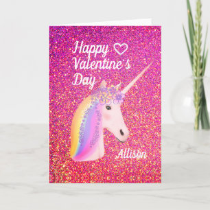 Tarjeta Festiva Purpurina rosa de unicornio Día de San Valentín pe