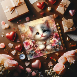 Tarjeta Festiva Purpurina rosa dorado acuarela Floral Cat Valentin