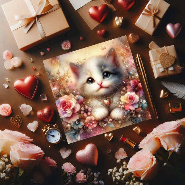 Tarjeta Festiva Purpurina rosa dorado acuarela Floral Cat Valentin (Subido por el creador)