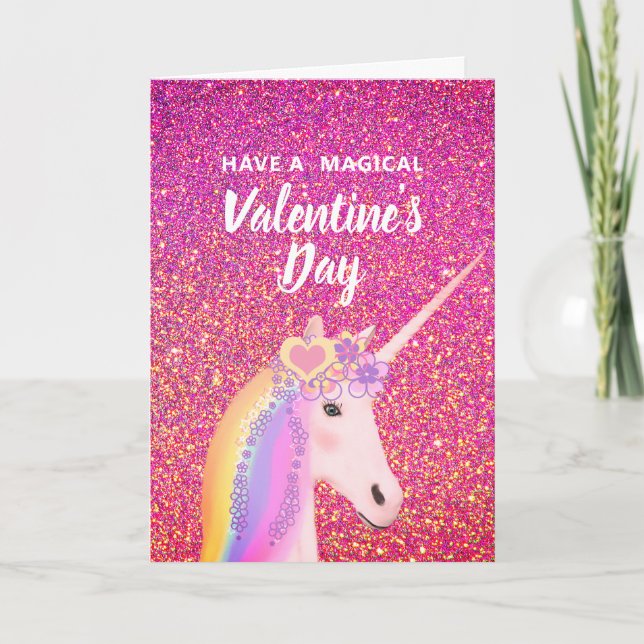 Tarjeta Festiva Purpurina rosa el día de San Valentín Unicornio ni (Anverso)