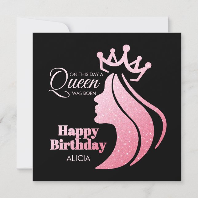 Tarjeta Festiva Purpurina Rosa Reina Corona Negro Feliz cumpleaños (Anverso)