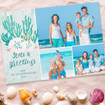 Tarjeta Festiva Purpurina Turquesa Coastal Beach SEAS & GreETINGS<br><div class="desc">Tarjeta de collage de fotos de vacaciones de Navidades costeros, de playa o tropicales con 3 fotos que presentan el saludo SEAS AND GREETINGS en la tipografía moderna de escritura caligráfica en color turquesa, agua y agua verde azulada con coral, pez estrella y dólares de arena acentuados con falsos purpurinas....</div>