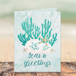 Tarjeta Festiva Purpurina Turquesa Coastal Beach SEAS & GreETINGS<br><div class="desc">Tarjeta de vacaciones de Navidades costeros, de playa o tropicales que presenta el saludo SEAS Y GREETINGS en la tipografía moderna de escritura caligráfica en color turquesa, agua y agua verde azulada con coral, pez estrella y dólares de arena acentuados con falsos purpurinas y tu texto personalizado dentro. OPCIONES: El...</div>