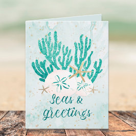 Tarjeta Festiva Purpurina Turquesa Coastal Beach SEAS & GreETINGS