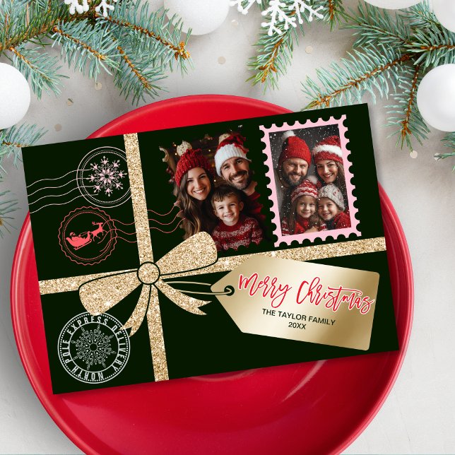 Tarjeta Festiva Purpurina único Regalo de oro Foto Bow Feliz Navid (christmas card designed like a gift box with gold glitter ribbon, bow and gift tag)