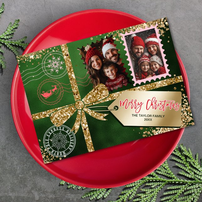 Tarjeta Festiva Purpurina único Regalo de oro Foto Bow Feliz Navid (christmas card designed like an emerald green gift box with gold glitter ribbon and bow and gift tag)