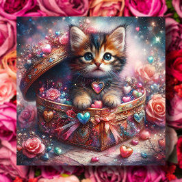 Tarjeta Festiva Purpurina Valentine, un delicioso gatito con coraz