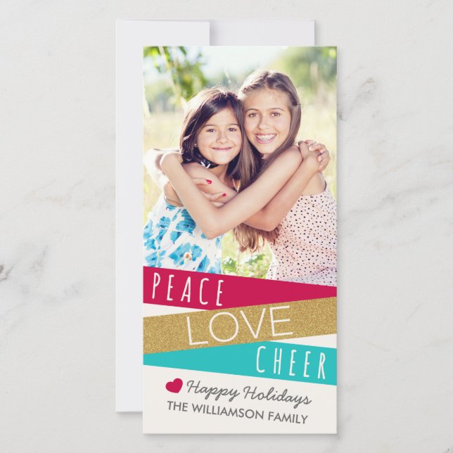 Tarjeta Festiva Purpurina Zig Zag Peace Love Cheer Photo (Anverso)