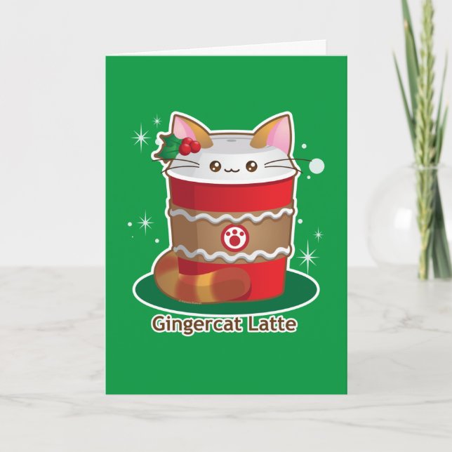 Tarjeta Festiva Purrista Pawfee: Café de gato de jengibre navideño (Anverso)