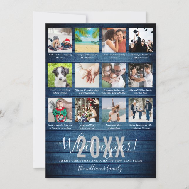 Tarjeta Festiva Qué año 12 fotos Collage Captions Blue Wood  (Anverso)