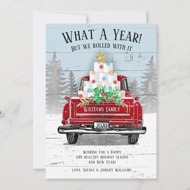 Tarjeta Festiva Qué año 2020 divertido camión de papel higiénico (Anverso)