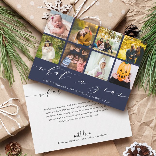 Tarjeta Festiva Qué año | Collage de fotos Navy Happy Holidays (Subido por el creador)