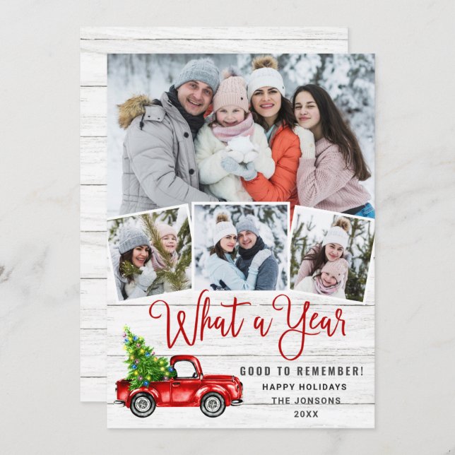 Tarjeta Festiva Qué año más Navidades Camión de Granja Roja 4 Foto (Anverso / Reverso)