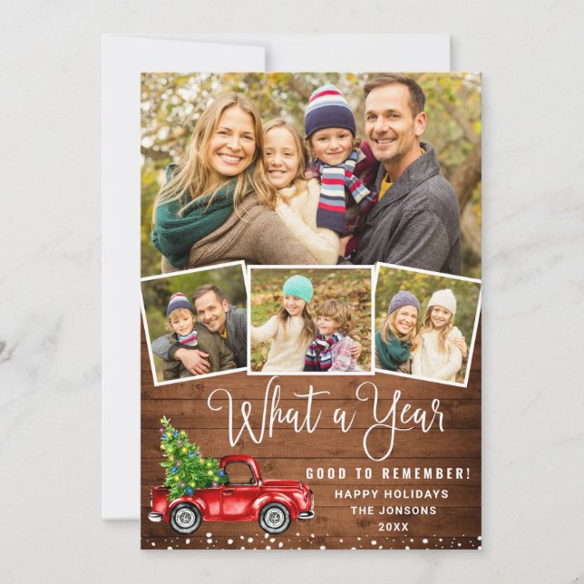 Tarjeta Festiva Qué año más Navidades Camión de Granja Roja 4 Foto (Anverso)