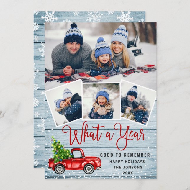 Tarjeta Festiva Qué año más Navidades Camión de Granja Roja 4 Foto (Anverso / Reverso)