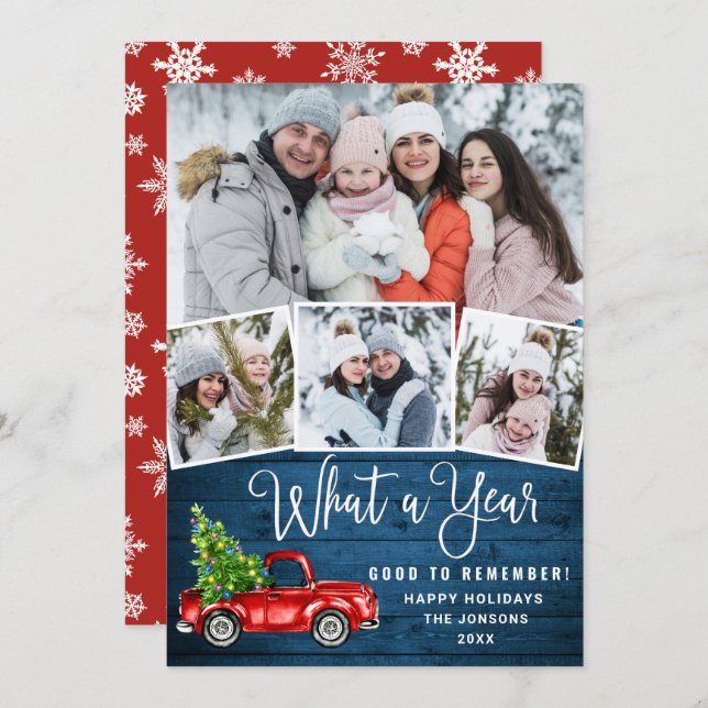 Tarjeta Festiva Qué año más Navidades Camión de Granja Roja 4 Foto (Anverso / Reverso)