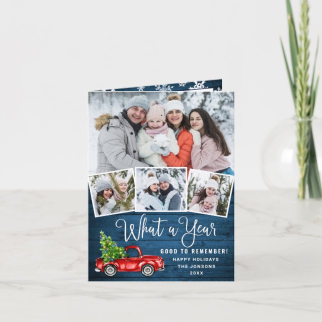 Tarjeta Festiva Qué año más Navidades Camión de Granja Roja 4 Foto (Anverso)