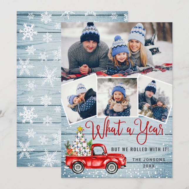 Tarjeta Festiva Qué año más Navidades Camión de Granja Roja 4 Foto (Anverso / Reverso)