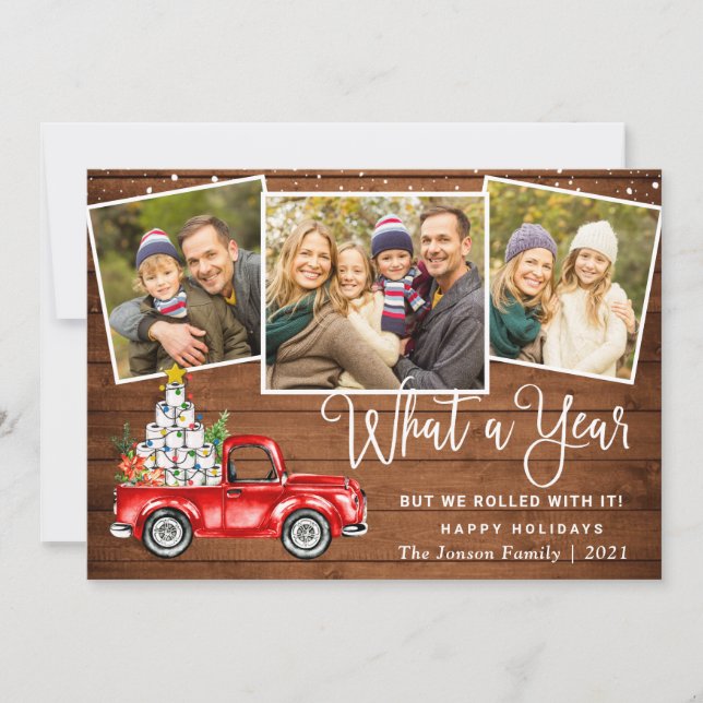 Tarjeta Festiva Qué año Navidades Red Farm Truck 3 Foto (Anverso)