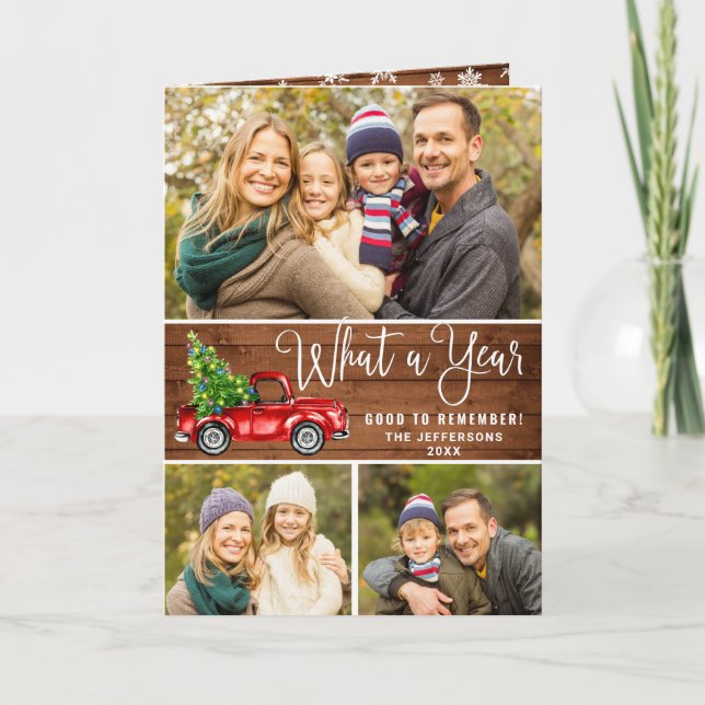 Tarjeta Festiva Qué año Navidades Red Farm Truck 3 Foto (Anverso)