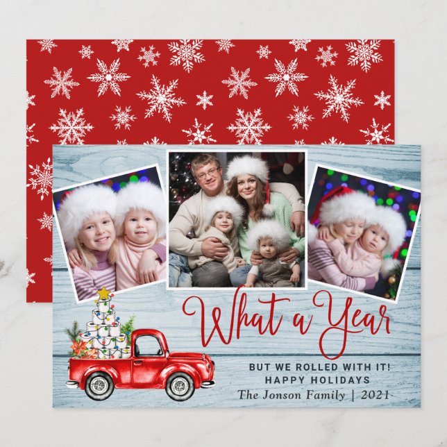 Tarjeta Festiva Qué año Navidades Red Farm Truck 3 Foto (Anverso / Reverso)