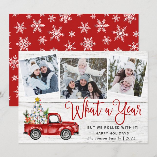 Tarjeta Festiva Qué año Navidades Red Farm Truck 3 Foto (Anverso / Reverso)