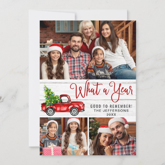 Tarjeta Festiva Qué año Navidades Red Farm Truck 3 Foto (Anverso)
