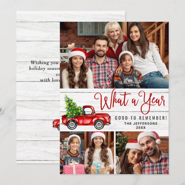 Tarjeta Festiva Qué año Navidades Red Farm Truck 3 Foto (Anverso / Reverso)