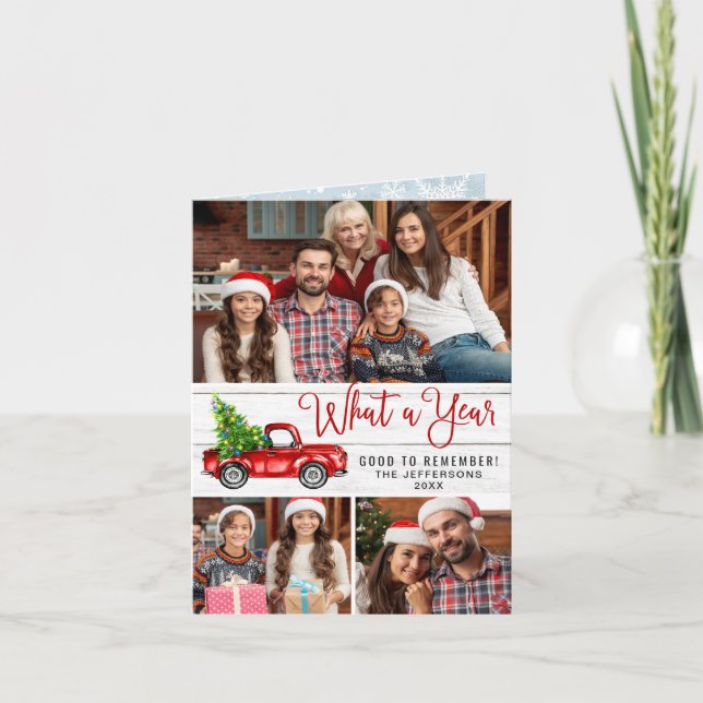 Tarjeta Festiva Qué año Navidades Red Farm Truck 3 Foto (Anverso)