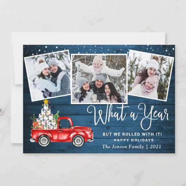 Tarjeta Festiva Qué año Navidades Red Farm Truck 3 Foto (Anverso)