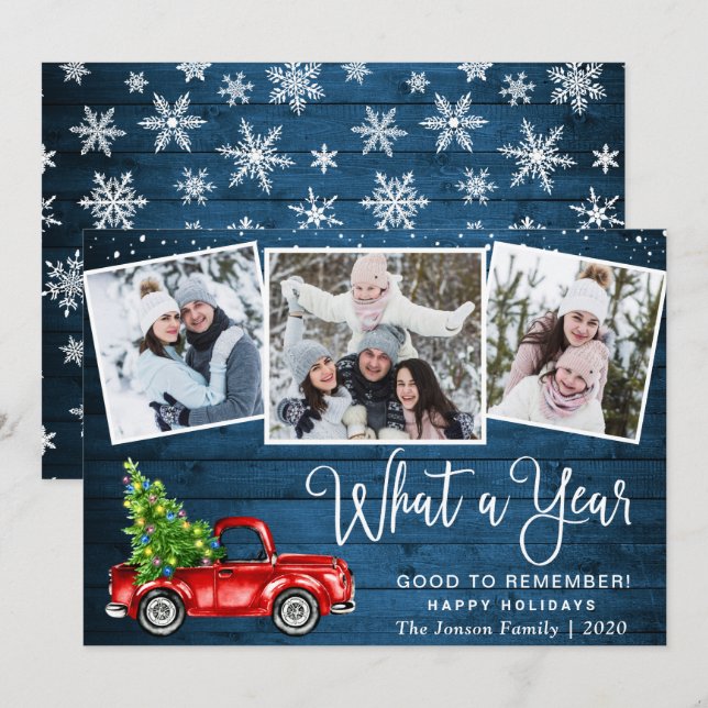 Tarjeta Festiva Qué año Navidades Red Farm Truck 3 Foto (Anverso / Reverso)