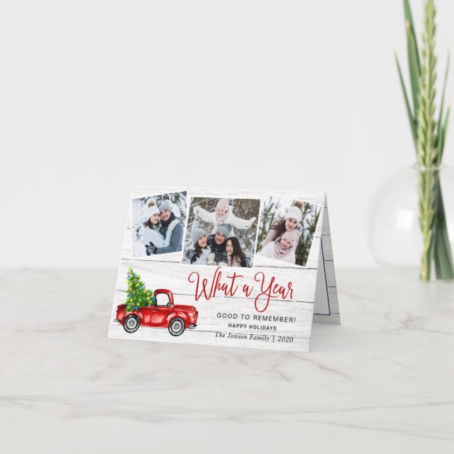 Tarjeta Festiva Qué año Navidades Red Farm Truck 3 Foto (Anverso)
