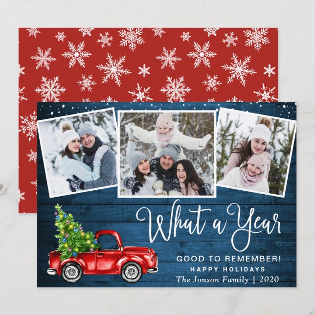 Tarjeta Festiva Qué año Navidades Red Farm Truck 3 Foto (Anverso / Reverso)