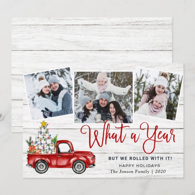 Tarjeta Festiva Qué año Navidades Red Farm Truck 3 Foto (Anverso / Reverso)