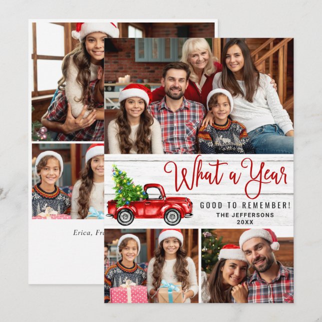 Tarjeta Festiva Qué año Navidades Red Farm Truck 6 Foto (Anverso / Reverso)