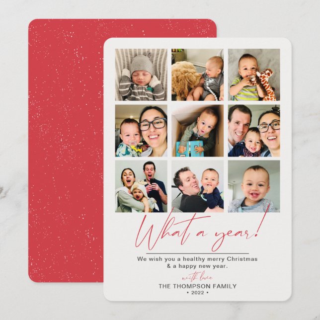 Tarjeta Festiva Qué Collage de fotos rojo de un año (Anverso / Reverso)
