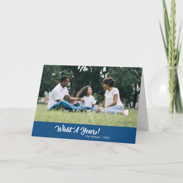 Tarjeta Festiva Qué foto azul moderno de un año (Anverso)