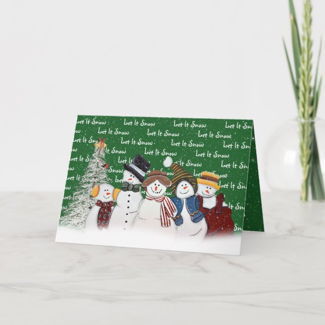 Tarjeta Festiva Que Nieva A Los Hombres De Nieve En Verde (Anverso)